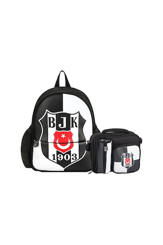 Beşiktaş 2 Bölmeli 1903 Logo Baskılı Suni Deri Anaokulu Çantası + Beslenme Çantası 2 Li Set Siyah
