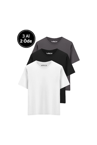 Rich Erkek 3 Lü Paket %100 Pamuk Oversize Tişört Basic Bisiklet Yaka Kısa Kollu T-shirt Gri