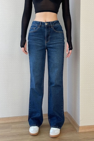 Koyu Mavi Kadın Wide Leg Jean Yüksek Bel Likralı Esnek Kot Pantolon Jessica-kymavi 001