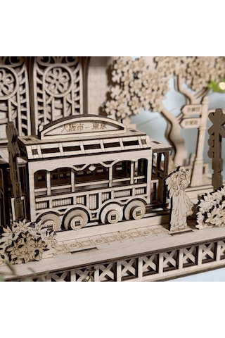 Japanese Tram Station Diorama Ahşap Maket Seti Japon Tramvay İstasyonu Peri Led'li Dıy Model