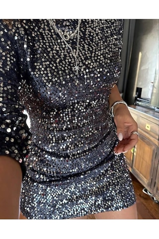 Kadife Kumaş Pul Payet Kısa Elbise Antrasit Mini Payetli Abiye Elbise Antrasit Koyu Gri