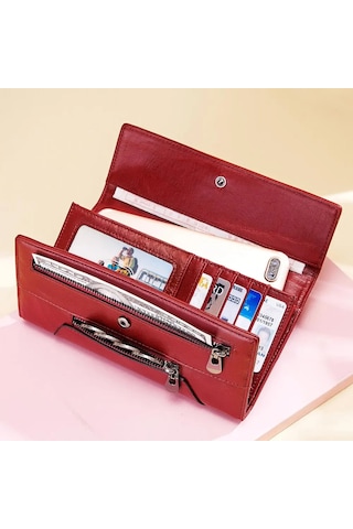 Humerpaul Moda Kadınlar Hakiki Deri Cüzdan Rfıd Engelleme Üç Kat Kredi Kart Tutucu Lüks Uzun Kadın Telefon Manşonlar Kırmızı