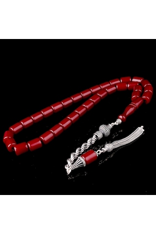925 Ayar Gümüş Püsküllü Kesme Model Bordo Renk Ateş Kehribar Tesb