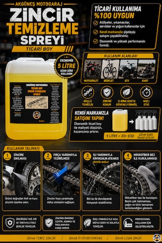 Akgüneş Motogaraj Zincir Temizleme Spreyi 5 Lt Ticari Boy Profesyonel Motosiklet Zincir Bakım Ve Temizlik Ürünü