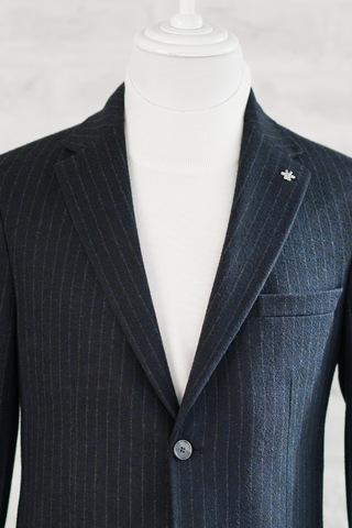 Slimfit Torba Cep Çizgili Mono Yaka Astarsız Çift Yırtmaç Likralı Kışlık Erkek Tek Ceket Lacivert