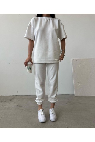 Movement T-shirt Eşofman Altı Jogger- Baskılı Alt Üst Eşofman Takım Oversize Bisiklet Yaka Beyaz