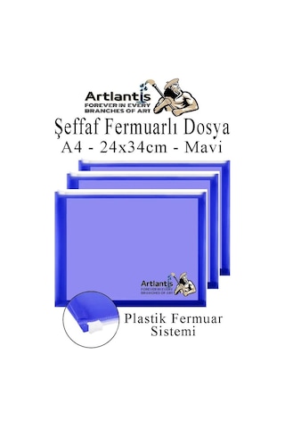 A4 Şeffaf Fermuarlı Dosya Mavi 3 Adet Pvc Fermuarlı Evrak Dosyası 24x34cm Çıtçıtlı Belge Evrak Dosyası Ofis B