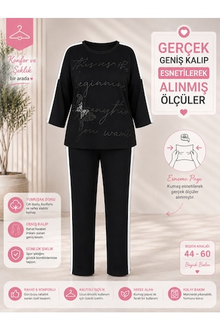 Büyük Beden Bisiklet Yaka Kelebek Motifli Kapri Kol Beli Lastikli Boru Paça Kadın Alt Üst Takım Siyah