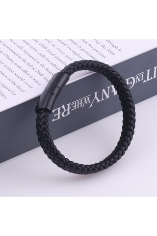 Vkemall Erkekler İçin Siyah Klasik Deri Bileklik - Magnet Kapanlı, Dayanıklı, Moda Aksesuarı Diğer