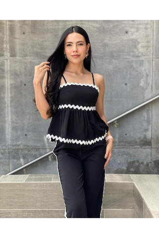 Hgfashion Kadın Biye Detaylı Bluz Pantolon Alt Üst Takım Siyah Renk Siyah