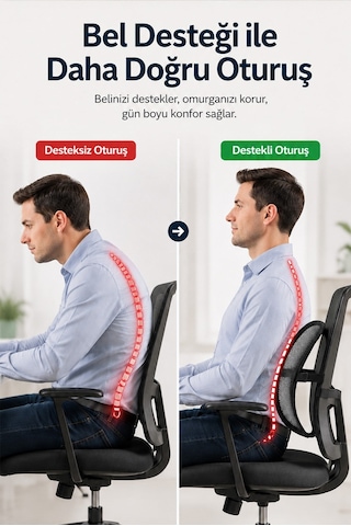 Ortopedik Bel Destek Yastığı Ofis Sandalyesi Bel Desteği Ergonomik Fileli Terletmeyen Kamburluk Önleyici Bel Minderi