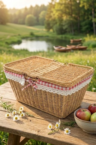 Atbyhome Hasır Piknik Sepeti Dikdörtgen Kapaklı Ve Bezli Rattan Sepet Organizer 39x27x18 Kahverengi