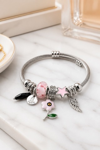 Pembe Çiçek Ve Damla Taş Detaylı Charm Bileklik - Burgu Gövdeli Ayarlanabilir Çelik Takı Pembe - Gümüş