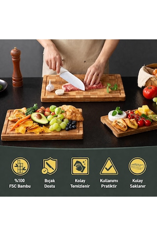 Valkyrie Daisy 3 Lü Bambu Kesme Tahtası Seti Büyük Orta Küçük Boy Et Sebze Sunum & Servis Tahtası Ahşap