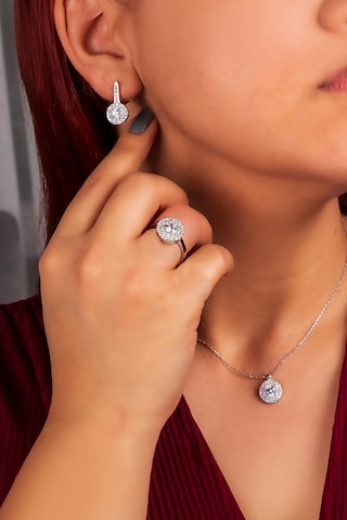 925 Ayar Gümüş Rodyumlu Full Zirkon Taşlı Yuvarlak Bayan Takı Seti -8230 Gümüş