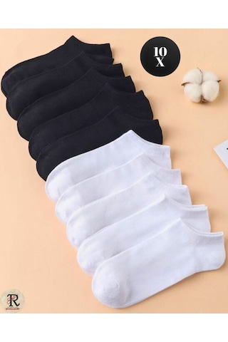 Trampler Ekonomik Pamuk Unisex Patik Çorap 10 Çift - Siyah - Beyaz
