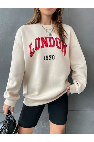 Altamira Unisex Bej London Baskılı Bisiklet Yaka Oversize Sweatshirt 001
