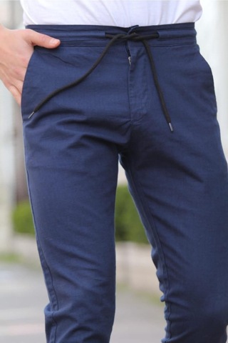 Tarz Cool Erkek Eganis Ipli Jogger Düğmeli Kumaş Pantolon Lacivert