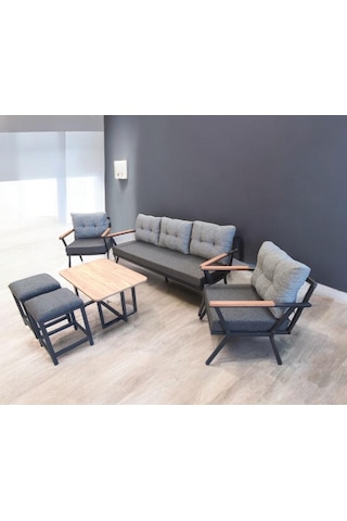 Pilocca Bahçe Balkon Mobilyası Antrasit Gri 3+1+1 Sehpa 2 Pufl Antrasit - Gri