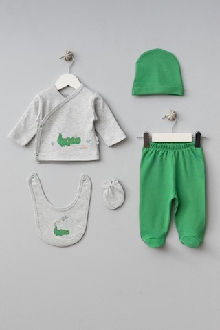 Bebitof %100 Pamuk Sevimli Kuş Ve Timsah Desenli Bebek 5 Parça Yenidoğan Hastane Çıkışı Zıbın Seti Bbtf.grm.20108 Gri Melanj