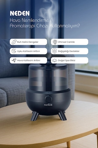Direct Nexus Ultrasonik Buhar Makinesi Humudifier / Aromaterapi Cihazı Diffüzör 2 Litre 6 Kademeli - Siyah Renk
