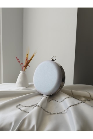 Vivazzaluxe Modern Yuvarlak Model Simli Düğün Nişan Gelin Kadın Abiye Clutch Çanta Beyaz