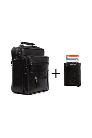 Newish Polo Erkek Hakiki Deri El Omuz Çantası Ve Mekanizmalı Cüzdan 15x19 Cm New101 - Siyah - Antrasit