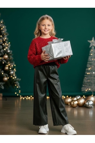 Zekids Kız Çocuk Bol Paça Deri Pantolon-16480 Siyah