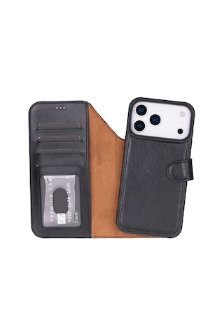 Bloomcase Magic Wallet Obsidian Black iPhone Uyumlu 17 Pro 6.3" Hakiki Deri Çıkarılabilir Cüzdanlı Telefon Kılıfı Siyah