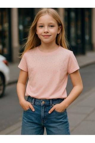 Zekids Kız Çocuk Taş İşlemeli Pamuklu T-shirt-16310 Pudra