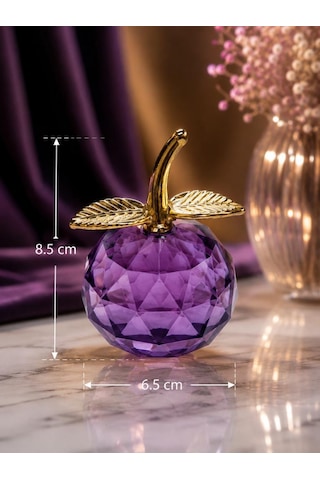 Mor Kristal Cam Elma Biblo Orta Boy 8.5 Cm Dekoratif Masa Üstü Obje Gold Yapraklı