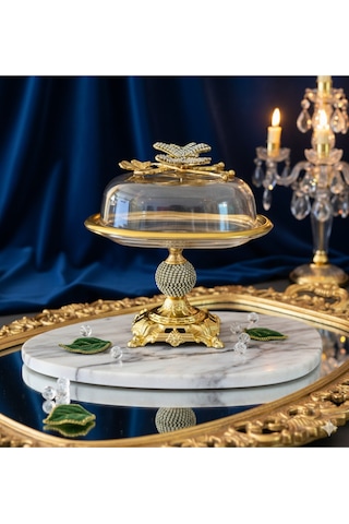 Çnr Home Collection Kelebek Detaylı Elmas Kesim Gold Metal Ayaklı Sunumluk-tereyaglık-peynirlik-kahvaltılık Gold