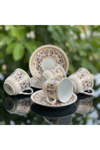 Alfafe Home 6 Kişilik Çini Desenli Altın Yaldızlı Porselen Çay Ve Kahve Fincanı Klasik Lüks Fincan Altın