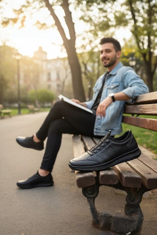 Enoch Hakiki Deri Lacivert Zikzak Dikişli Erkek Sneaker Ayakkabı Ortopedik Taban Lacivert