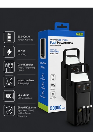 50000mah 22.5w Hızlı Şarj Powerbank Kamp Lambalı Led Işıklı Dahili Kablolu Usb Type-c Girişli siyah