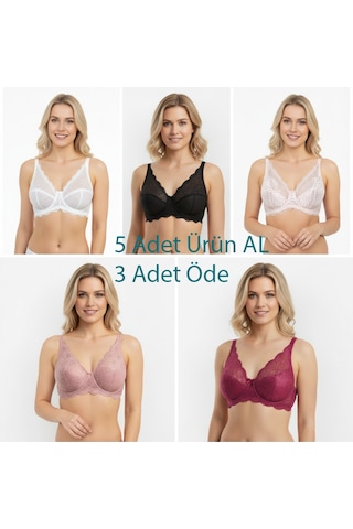 Bonbon Kadın Dantelli Toparlayacı 5 Renk 5'li Paket Sütyen Bb2125 Desenli