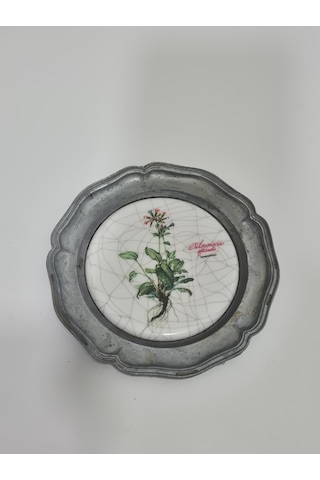 Vintage Zınn Çerçeveli Dekoratif Pulmonaria Officinalis Bitkisi Temalı Duvar Tabağı 10cm 007