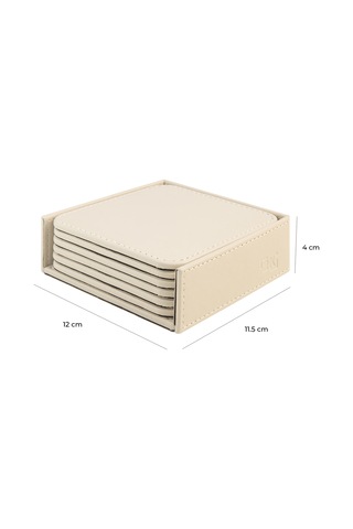 Bardak Altlığı,6 Lı Set,masaüstü Kare Cup Coaster,vegan Suni Deri,11x11 Cm.,bej