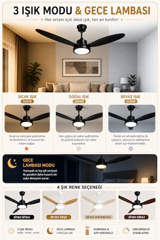 132 Cm Akıllı Tavan Vantilatörü Kumandalı & App Kontrollü 6 Kademeli Sessiz Led Tavan Fanı 3 Işık Modlu Yaz/kış Modu