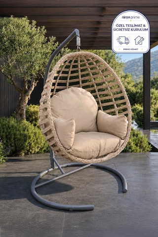 Niron Royal Rattan Bahçe Salıncağı Cappucino - Minderli Modern Salıncak Capuccino