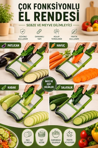Flat Ayarlanabilir Mandolin Dilimleyici 3 Kademeli Rende Tutma Aparatlı Sebze Meyve Dilimleyici Gri - Yeşil
