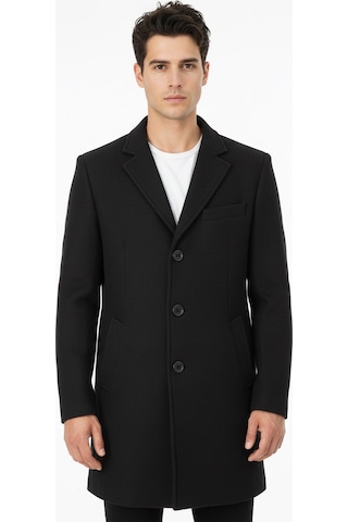 Süvari Slim Fit Sivri Yaka Erkek Koyun Yünlü Kaban Siyah
