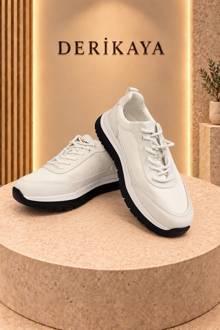 Deri Kaya Erkek Premium Kalın Taban Bağcıklı Günlük Sneaker Spor Ayakkabı Beyaz
