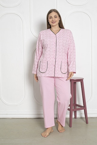 SEBOTEKS %100 Pamuklu Uzun Kollu Boydan Düğmeli Büyük Beden Kadın Pijama Takımı 206 Pembe