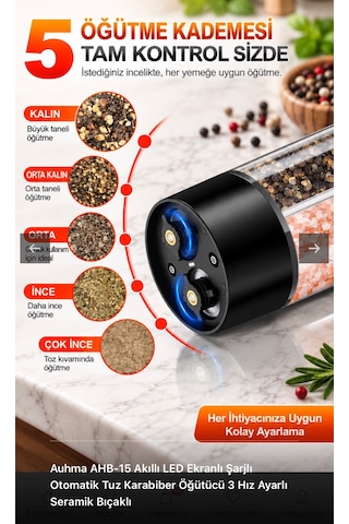 Filizshop Auhma Ahb-15 Akıllı Led Ekranlı Şarjlı Otomatik Tuz Karabiber Öğütücü 3 Hız Ayarlı Seramik Bıçaklı Gümüş - Siyah