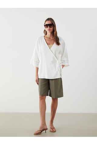 Lcw Vision Beyaz V Yaka Dokulu Oversize Kadın Kimono