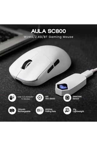 Sc800 Lightweight Paw3395 Sensor 26000 Dpı 8000hz Kablolu Ve Kablosuz Gaming Oyuncu Mouse Beyaz Genel