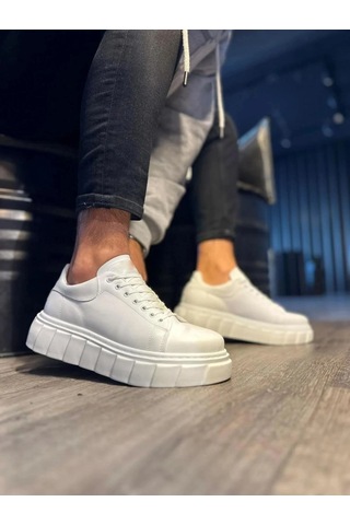 Mevese Ares Bağcıklı Cilt Erkek Günlük Sneaker Yüksek Taban Ayakkabı - Beyaz