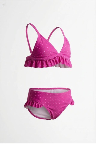 Endeep Kız Çocuk Pembe Fırfırlı Puantiye Desenli Mayo Bikini Takımı Pembe-beyaz