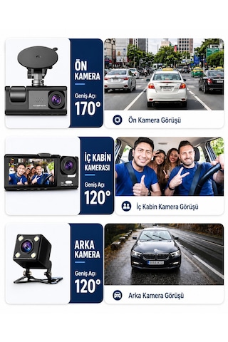 Araç İçi Kamera 1296p 3 Lens Cama Yapışan Model Ekranlı Geri Görüş Kamerası Video Kayıt 170 Derece Geniş Açı G-sensör Döngüsel Kayıt Hafıza Kart Takılabilir Gece Görüş
